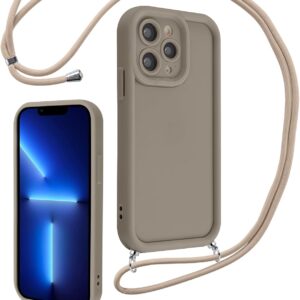 Coalbooliy Cover per iPhone 15 Pro Max 6,7″ con Cordino per Cellulare, Custodia Silicone con Regolabile Collana Sottile Morbida Case Protezione della fotocamera Antiurto con Necklace, Cachi