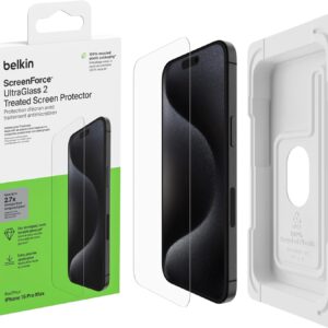 Belkin ScreenForce UltraGlass 2 Proteggi schermo antimicrobico per iPhone 15 Pro Max, antigraffio, sottile, con durezza di 9H, include un supporto di allineamento per un’applicazione senza bolle