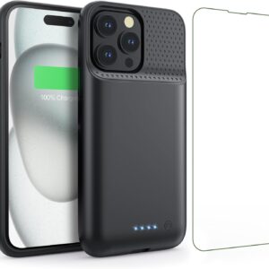 Feob Batteria per iPhone 15 Pro (6,1″), 7500mAh 15W Cover Ricaricabile Battery Case Custodia Caricabatterie Power Bank Backup Charger Case-Nero
