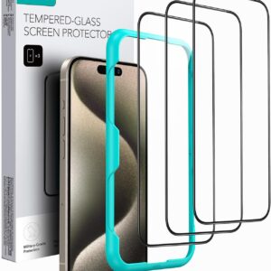 ESR Pellicola Vetro per iPhone 15 Pro, Vetro temperato con supporto di installazione, Durezza 9H, Protezione militare, Chiarezza HD, Resistente ai graffi, 3 Pezzi
