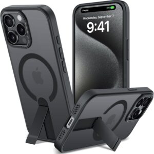 Cover con Cavalletto Metallico per iPhone 15 Pro Max, Compatibile con MagSafe, Custodia Traslucido Opaca Anti-Graffio con Invisibile Supporto Antiurto Protettiva Case, 3 Modalità di Supporto