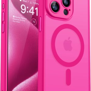 CANSHN Cover Magnetica per iPhone 15 Pro Max, Compatibile con MagSafe, [Protezione Completa Della Fotocamera], Custodia Traslucida Opaca Protettiva Sottile Antiurto 6,7 Pollici – Rosa Calda
