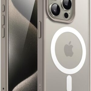 JETech Cover Magnetica per iPhone 15 Pro Max 6,7 Pollici Compatibile con MagSafe, Custodia Traslucida Opaca Posteriore Sottile Antiurto (Titanio Naturale)