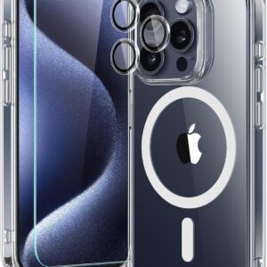 ESR Set di Cover MagSafe per iPhone 15 Pro Max, 1 Protezione per lo schermo in vetro temperato, 1 Set di protezioni per le lenti, Anti ingiallimento e antigraffio,Trasparente