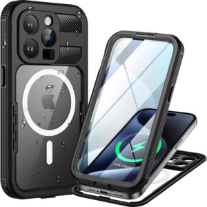 Lanhiem Cover per iPhone 15 Pro Compatibile con MagSafe, Impermeabile Antiurto [Protezione Schermo] IP68 Waterproof 360° Antipolvere Militare Custodia Subacquea Integrata Case per iPhone 15 Pro – Nero