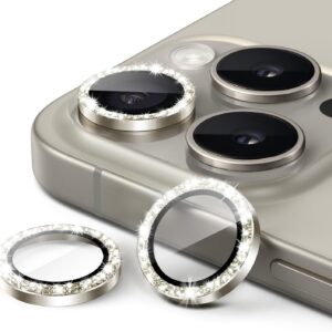 JETech Lente Fotocamera Protettiva per iPhone 15 Pro 6,1 Pollici e iPhone 15 Pro Max 6,7 Pollici, Bling Glitter Individuale Vetro Temperato Anello di Metallo Cover, 1 Set (Titanio Naturale)