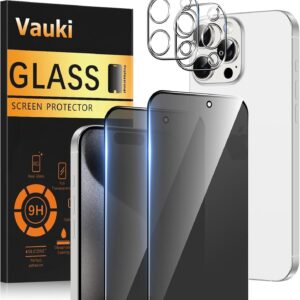 Vauki Opaca Pellicola Privacy per iPhone 15 Pro Max con Protezione Fotocamera,Anti Spy Vetro Temperato Opaco Durezza 9H HD Anti-riflesso Anti-impronta Anti-Spia Vetrino Protettiva Schermo,2 + 2 Pezzi