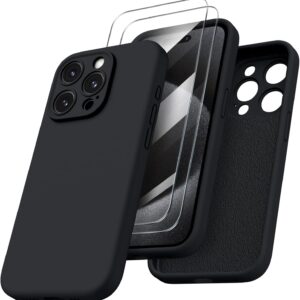 ORNARTO Cover per iPhone 15 pro Silicone 6.1 Pollici, con 2 Pellicola Vetro Temperato, Morbido Silicone Liquido Protezione, Antiurto Ultra-Sottile Protezione Custodia iPhone 15 pro-Nero
