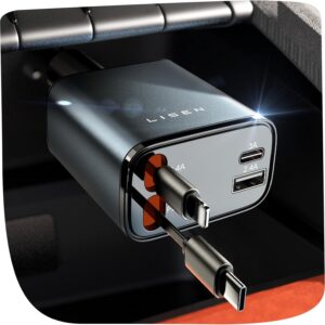 LISEN Caricatore Auto USB C 69W Retrattile PD 3.0 Accendisigari USB, Ricarica Rapido Caricabatterie, Accessori Auto Campeggio Viaggio, Regali per Lui fit iPhone 16 15 Pro Max iPad Galaxy S25 Ultra