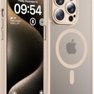 TOCOL Cover Magnetica per iPhone 15 Pro Max 6,7 Pollic, Compatibile con MagSafe, Protezione Fotocamera Integrata, Custodia Antiurto Traslucida Opaca, Titanio Sabbia