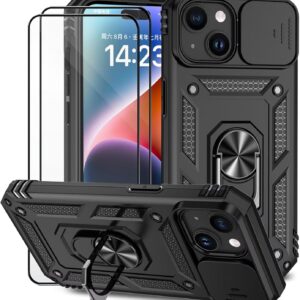 Dechyi Cover per Iphone 15 6.1 Pollici con Vetro Temperato Custodia con Scorrevole Protezione Fotocamera Custodia Rotante Anello Supporto Antiurto TPU Bumper Custodie-Nero