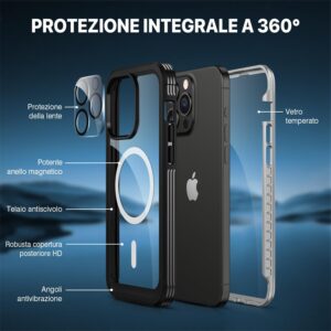 CENHUFO Cover Magnetica iPhone 15 Pro Max, [Compatibile con Magsafe] Integrata [9H HD] Vetro Temperato Schermo e Protezione Fotocamera, Custodia Antiurto 360 Gradi Rugged Doppia Faccia Case – Nero