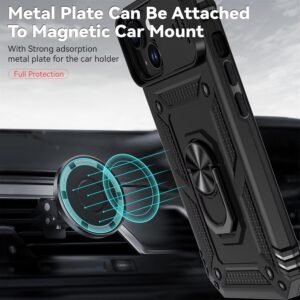 Dechyi Cover per Iphone 15 6.1 Pollici con Vetro Temperato Custodia con Scorrevole Protezione Fotocamera Custodia Rotante Anello Supporto Antiurto TPU Bumper Custodie-Nero