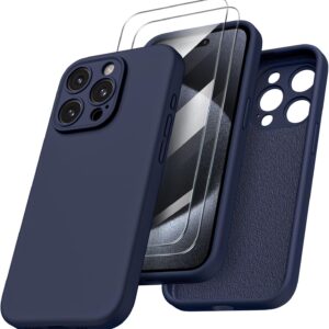 ORNARTO Cover per iPhone 15 pro Silicone 6.1 Pollici, con 2 Pellicola Vetro Temperato, Morbido Silicone Liquido Protezione, Antiurto Ultra-Sottile Protezione Custodia iPhone 15 pro-Deep Blu