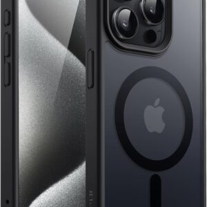 JETech Cover Magnetica per iPhone 15 Pro Max 6,7 Pollici Compatibile con MagSafe, Custodia Traslucida Opaca Posteriore Sottile Antiurto (Nero)