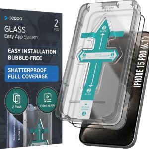 Deppa [2 Pezzi Pellicola Vetro Temperato per iPhone 15 Pro (6.1′) [a Copertura Totale] con Kit per Installazione Facile– Vetrino, Protezione, Proteggi, Schermo, Display, Accessori