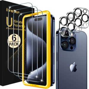 iVoler 3+3 Pezzi Pellicola Vetro Temperato Compatibile con iPhone 15 Pro Max 6.7 Pollici, 3 Pezzi Protettiva e 3 Pezzi Fotocamera, Con Strumenti di Installazione, Durezza 9H, HD, Anti Graffio