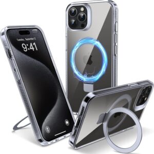 Flyzoo Cover Magnetica per iPhone 15 Pro Max con Supporto Stand ad Anello, [Protezione Antilngiallimento & Antiurto] Custodia Trasparente Posteriore Hard PC Case con Silicone Bordo, 6.7”, Clear