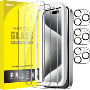 JETech Pellicola Protettiva per iPhone 15 Pro 6,1 Pollici con Protezione Fotocamera, Senza Bolle, Strumento Installazione Facile, Vetro Temperato Film, HD Chiaro, Pacco da 3 Ciascuno