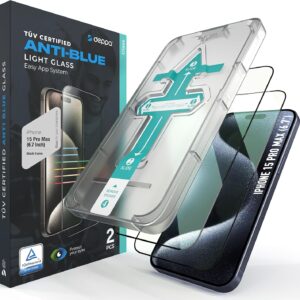 Deppa | 2 Pezzi | Pellicola Anti-Luce Blu Certificata per iPhone 15 Pro Max (6.7′) | Vetro Temperato Ultra Resistente [Copertura Totale, Senza Bolle] | Installazione Facile