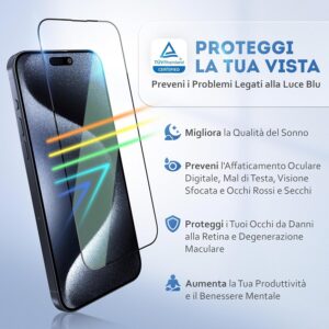 Deppa | 2 Pezzi | Pellicola Anti-Luce Blu Certificata per iPhone 15 Pro (6.1′) | Vetro Temperato Ultra Resistente [Copertura Totale, Senza Bolle] | Installazione Facile