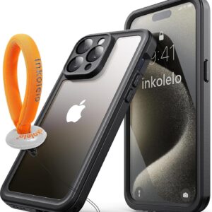 inkolelo Custodia Impermeabile per iPhone 15 Pro IP68 Certificato Waterproof Caso Cover Full Protezione Antiurto Subacquea Custodie con [Cinturino Galleggiante] (nero opaco/arancione)