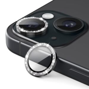 JETech Lente Fotocamera Protettiva per iPhone 15 6,1 Pollici e iPhone 15 Plus 6,7 Pollici, Bling Glitter Individuale 9H Vetro Temperato Anello di Metallo Cover, HD Chiaro, 1 Set (Nero)