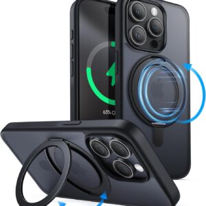 JETech Cover ad Anello Girevole a 360 Gradi per iPhone 15 Pro Max 6,7 Pollici Compatibile con MagSafe, Sottile Antiurto Cellulare Custodia con Supporto & Porta Anelli (Titanio Nero)