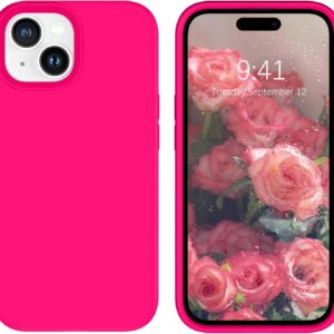 DOMAVER Silicone Liquido Cover iPhone 15, Cover di Protezione Antiurto con Fodera in Microfibra, Opaco Custodia per Telefono per iPhone 15 Anti-ingiallimento, Rosa Fluo