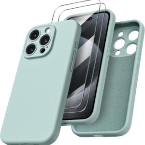 ORNARTO Cover per iPhone 15 Pro Max Silicone 6.7 Pollici, con 2 Pellicola Vetro Temperato, Morbido Silicone Liquido Protezione, Antiurto Ultra-Sottile Custodia iPhone 15 Pro Max-Menta Verde