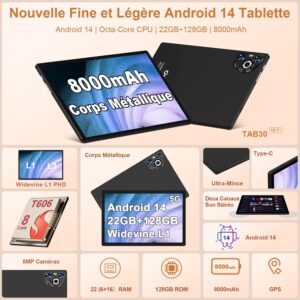 Dghrti 2025 Newest Tablet 10 pollici Android 14, 22(6+16) GB RAM+128GB ROM/TF 2TB, 8-Core, 8000mAh, GPS, Face ID, Widevine L1, BT5.0, 8MP+5MP, WLAN 6, Controllo Parentale, Tastiera, Mouse, Nero