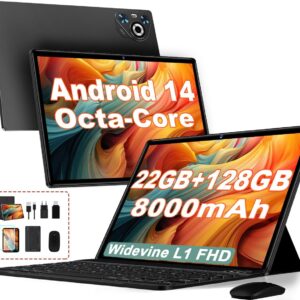 Dghrti 2025 Newest Tablet 10 pollici Android 14, 22(6+16) GB RAM+128GB ROM/TF 2TB, 8-Core, 8000mAh, GPS, Face ID, Widevine L1, BT5.0, 8MP+5MP, WLAN 6, Controllo Parentale, Tastiera, Mouse, Nero