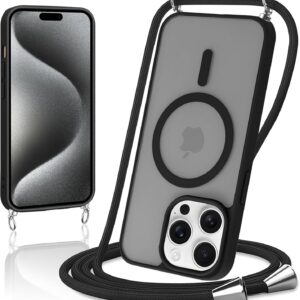 Knrlqim Magnetica Cover con Cordino per iPhone 15 Pro, Compatibile con Magsafe,Custodia con Laccio Collana Tracolla Corda,Traslucida Opaca Hard PC Sottile Antiurto Protettiva Case,Nero
