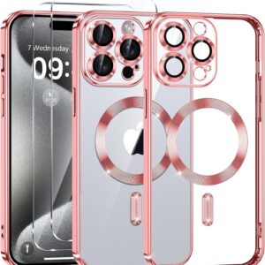 Phoona Cover Placcatura per iPhone 15 Pro Max 6,7 Pollici, Obiettivo per Fotocamera Protezione Completa e 2 × vetro temperato, Compatibile con MagSafe Ricarica Wireless, Protezione Militare, Rosa