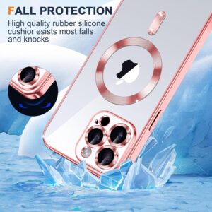 Phoona Cover Placcatura per iPhone 15 Pro Max 6,7 Pollici, Obiettivo per Fotocamera Protezione Completa e 2 × vetro temperato, Compatibile con MagSafe Ricarica Wireless, Protezione Militare, Rosa