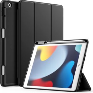 JETech Custodia per iPad 10,2 Pollici Modello 2021/2020/2019 (9a/8a/7a Generazione) con Portapenne, Cover Tablet Sottile con Retro in Morbido TPU con Auto Svegliati/Sonno (Nero)