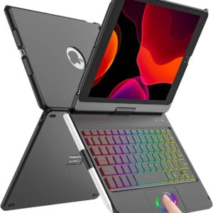 SZO Tastiera per iPad 9 Generazione 10.2 Custodia, Cover per iPad 9a/8a/7a Generazione, 360°Touchpad Flip Cover Rigida Custodia, Tastiera Bluetooth Wireless 7 Retroilluminazione, Auto Sleep/Wake, Nero