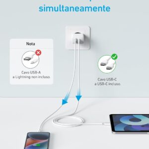 Anker Caricatore iPhone 20W USB C, rapido da parete compatibile con iPhone 16/16 Plus/16 Pro/iPhone 16 Pro Max/15/iPad e altro (con cavo USB C da 150 cm)