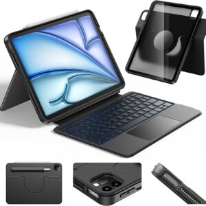 HOU Custodia con Tastiera per iPad Air 13 (M3/M2) 2025, Custodia Magnetica Staccabile con Tastiera per iPad Pro 13″ M4 e 12.9″ (6ª/5ª/4ª/3ª Gen), con Touchpad, Retroilluminazione – Nero