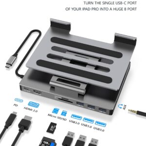 iPad Pro USB C Hub Stand, Adapter for iPad Pro M4 M2 M1 13 12.9 11 Inch iPad Air Docking Station Foldable 4K 60Hz HDMI, PD Charging, SD/TF Card Reader, 3 USB 3.0, 3.5mm Audio, iPad Dock Accessories