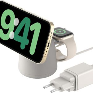 Belkin BoostCharge Caricabatteria wireless 2 in 1 con Qi2 da 15 W, caricatore MagSafe per iPhone 16, 15, 14, 13, 12, Apple Watch, AirPods e altri dispositivi Qi2, alimentatore incluso, grigio sabbia