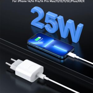 Caricatore for iPhone 14/14 Pro/14 Pro Max/14 Plus/13/12/11/XS/XR/X/SE, 25W USB C Rapido Caricabatterie Spina Adattatore Alimentatore Presa Carica with 2M Cavo