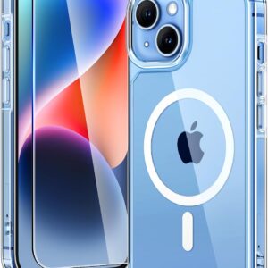 TAURI Magnetica Cover per iPhone 13/14 [Compatibile con MagSafe] con Pellicola in Vetro Temperato, Custodia Rigida per Sottile Anticaduta – Trasparente
