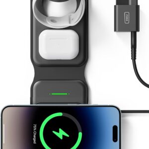 INIU Caricatore Wireless iPhone, Magsafe 3 in 1 Base Ricarica Certificato Qi, Da viaggio Caricabatterie Wireless Universale per iPhone 16 15 14 13 12 Apple Watch 8 7 Ultra AirPods 4 3 Pro ecc.