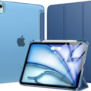 MoKo Cover per iPad Air 11 Pollici Case M3/M2 2025/2024, iPad Air 5a/4a Gen 10,9″ Custodia 2022/2020 con Portapenna, Cover Trifold Sottile e Leggera con Retro in PC Rigido Traslucido, Blu Marino