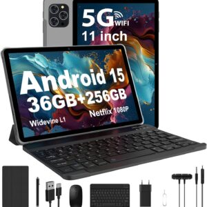 RUSHAR Tablet 11 Pollici Android 15 con 36GB RAM+256GB ROM (2TB TF), 5G/2.4G WiFi, Octa-Core 2.0GHz, 2000 * 1200, Widevine L1, 8000mAh, 13MP+8MP, GPS, Face ID, BT 5.0, Tablet con Tastiera, Grigio