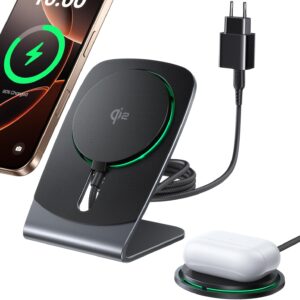 INIU Caricatore Wireless iPhone, Certificato Qi2 Caricabatterie Magnetico 15W Rapido, Stazione Ricarica Wireless Mag-Safe per iPhone 17 16 15 14 13 Pro Max Mini AirPods 4 3 2(con Adattatore USB C 20W)