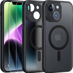 FLLAO Cover Magnetica per iPhone 14 Custodia e 2 Pellicole in Vetro Temperato, Compatibile con Magsafe, Traslucida Opaca Posteriore Sottile Antiurto Protettiva Case, Nero