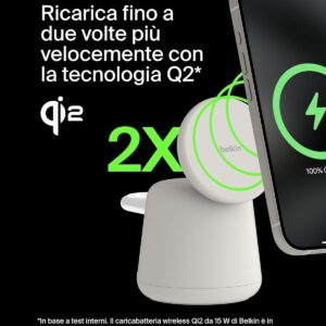Belkin BoostCharge Caricabatteria wireless 2 in 1 con Qi2 da 15 W, caricatore MagSafe per iPhone 16, 15, 14, 13, 12, Apple Watch, AirPods e altri dispositivi Qi2, alimentatore incluso, grigio sabbia