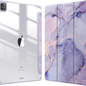 FINTIE Custodia per iPad Pro 12.9″ (6a Generazione 2022) – [Built-in Pencil Holder] Antiurto Sottile Case Posteriore Trasparente Cover per iPad Pro 12.9″ 2021/2020/2018, Lilla Marble